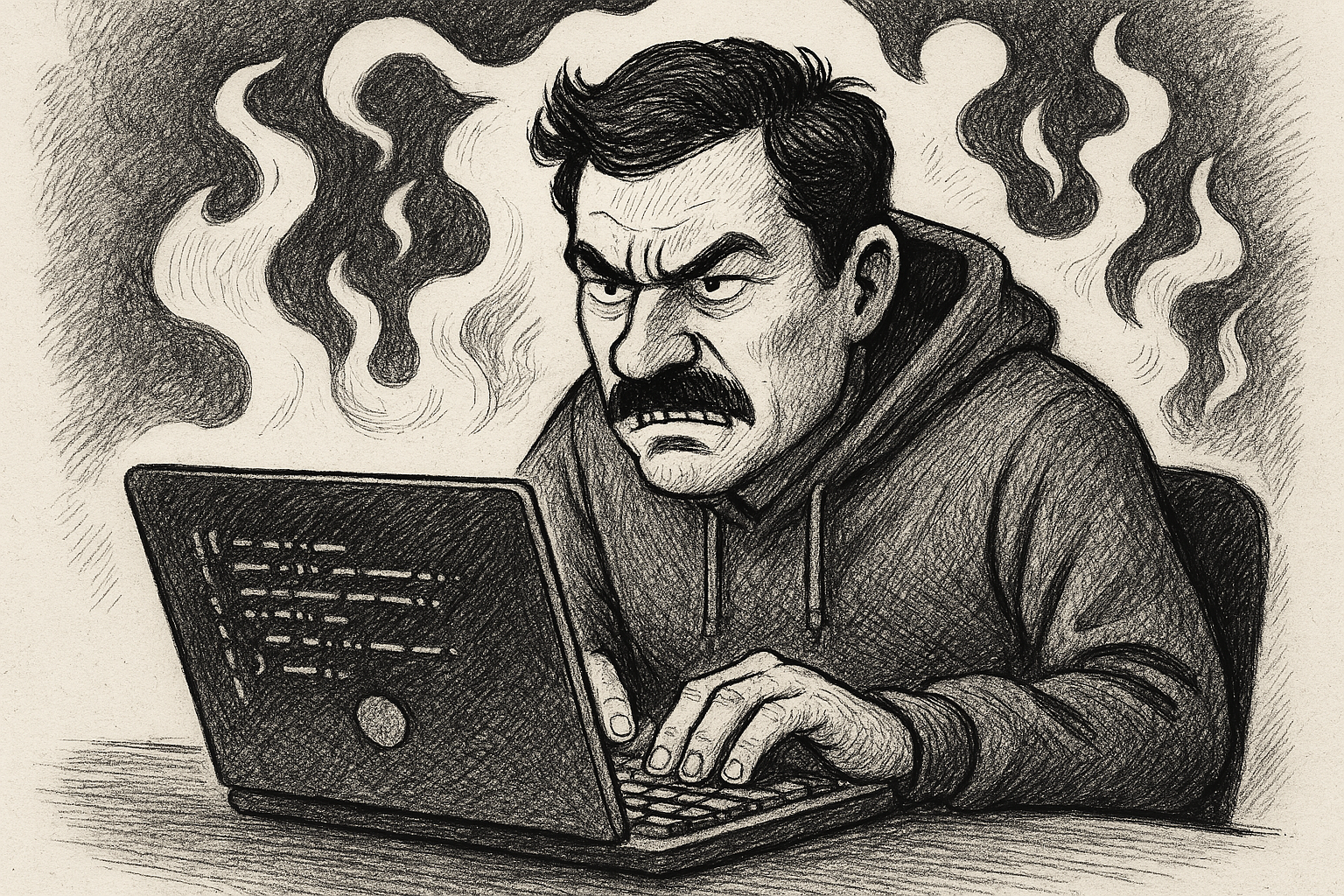 Frustrated developer raging at their computer with fiery background